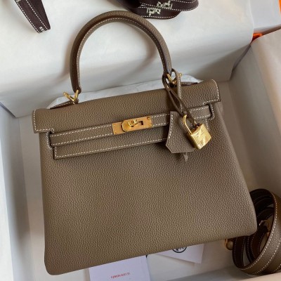 Hermes Kelly Retourne 25 Handmade Bag In Taupe Clemence Leather  TDBS27138