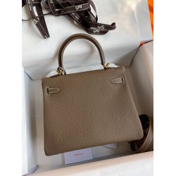 Hermes Kelly Retourne 25 Handmade Bag In Taupe Clemence Leather  TDBS27138