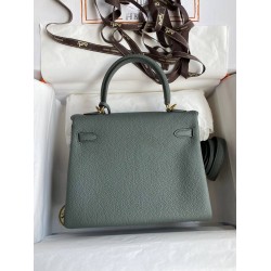 Hermes Kelly Retourne 25 Handmade Bag In Vert Amande Clemence Leather  TDBS27140