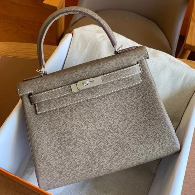 Hermes Kelly Retourne 28 Handmade Bag In Taupe Togo Leather TDBS27142