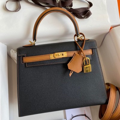 Hermes Kelly Sellier 25 Bicolor Bag in Black and Gold Epsom Calfskin TDBS27143