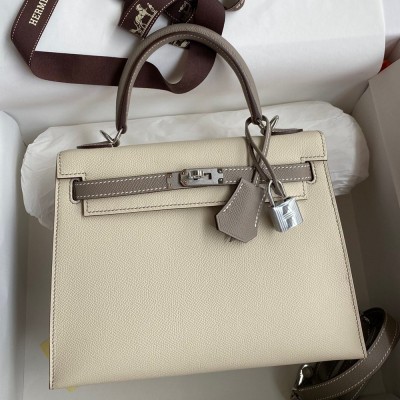 Hermes Kelly Sellier 25 Bicolor Bag in Craie and Gris Asphalt Epsom Calfskin TDBS27145