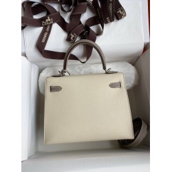 Hermes Kelly Sellier 25 Bicolor Bag in Craie and Gris Asphalt Epsom Calfskin TDBS27145