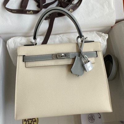 Hermes Kelly Sellier 25 Bicolor Bag in Craie and Gris Mouette Epsom Calfskin TDBS27146