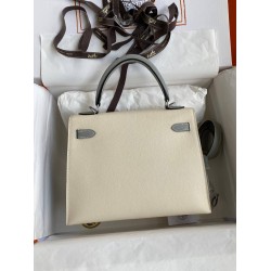 Hermes Kelly Sellier 25 Bicolor Bag in Craie and Gris Mouette Epsom Calfskin TDBS27146