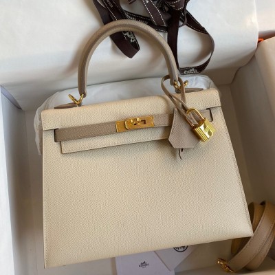 Hermes Kelly Sellier 25 Bicolor Bag in Craie and Trench Epsom Calfskin TDBS27147