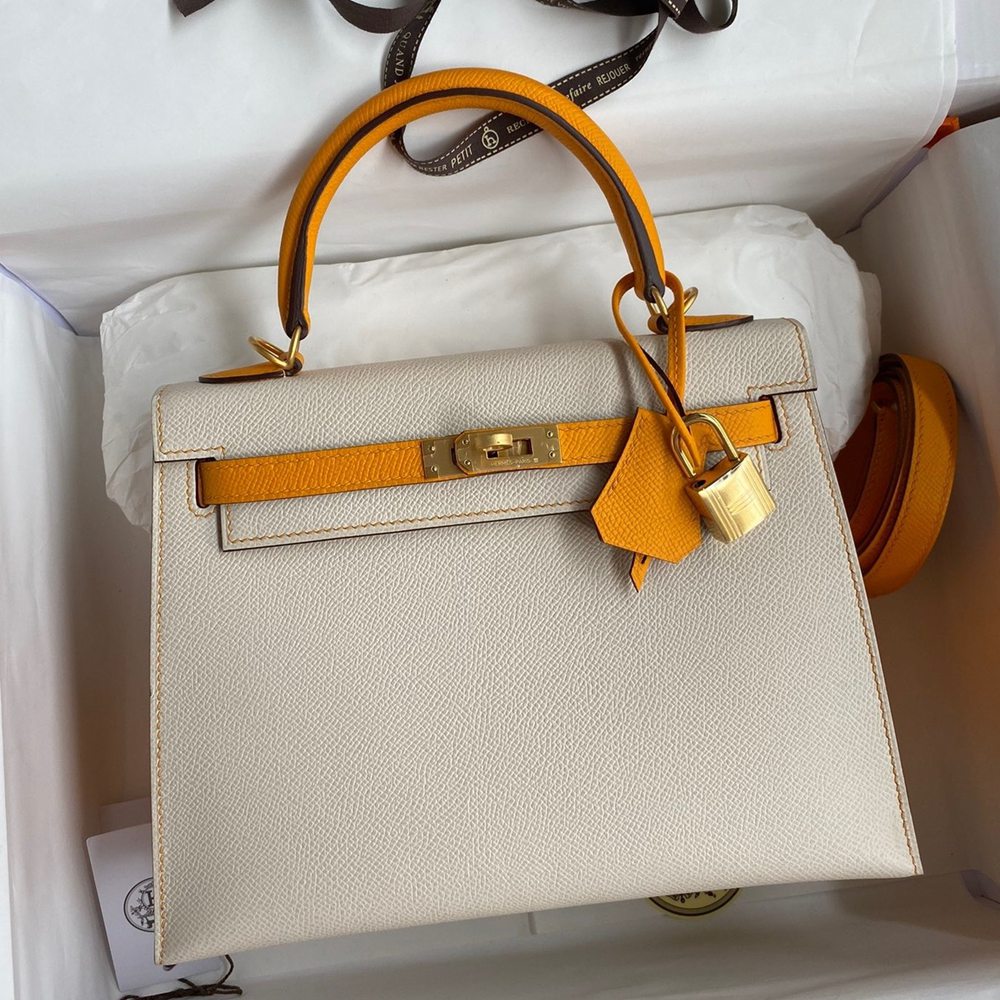 Hermes Kelly Sellier 25 Bicolor Bag in Craie and Yellow Epsom Calfskin TDBS27148