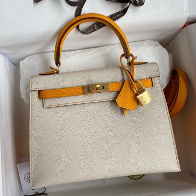 Hermes Kelly Sellier 25 Bicolor Bag in Craie and Yellow Epsom Calfskin TDBS27148