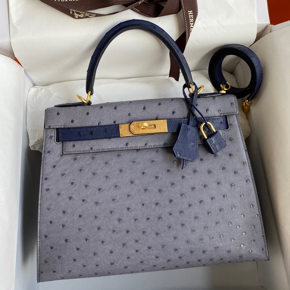 Hermes Kelly Sellier 25 Bicolor Bag in Gris Agate and Blue Ostrich Leather TDBS27149