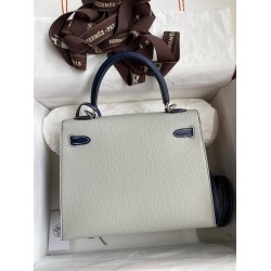 Hermes Kelly Sellier 25 Bicolor Bag in Pearl Grey and Blue Mysore Goatskin TDBS27150