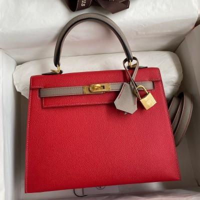 Hermes Kelly Sellier 25 Bicolor Bag in Red and Etain Epsom Calfskin TDBS27151