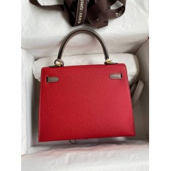 Hermes Kelly Sellier 25 Bicolor Bag in Red and Etain Epsom Calfskin TDBS27151