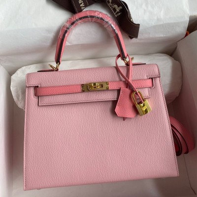 Hermes Kelly Sellier 25 Bicolor Bag in Rose Confetti and Lipstick Mysore Goatskin TDBS27152