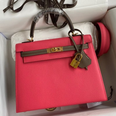 Hermes Kelly Sellier 25 Bicolor Bag in Rose Extremea nd Taupe Epsom Calfskin TDBS27153