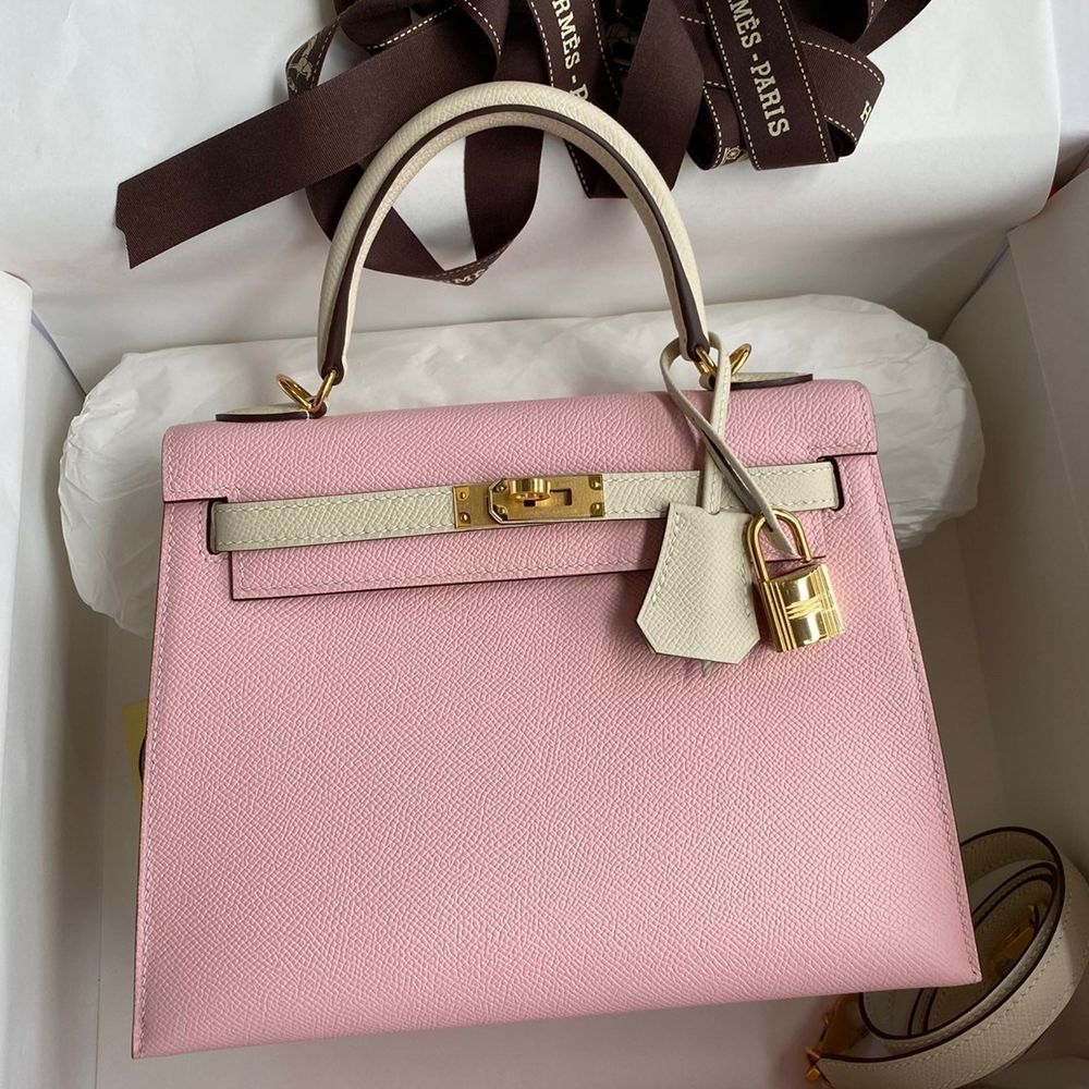 Hermes Kelly Sellier 25 Bicolor Bag in Rose Sakura and Craie Epsom Calfskin TDBS27154