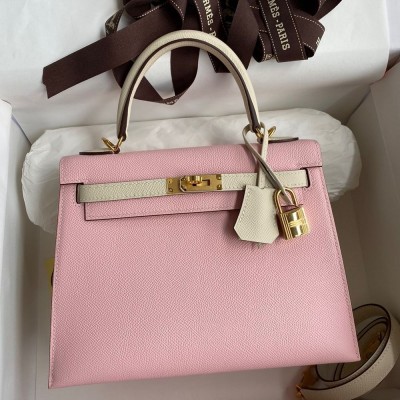 Hermes Kelly Sellier 25 Bicolor Bag in Rose Sakura and Craie Epsom Calfskin TDBS27154