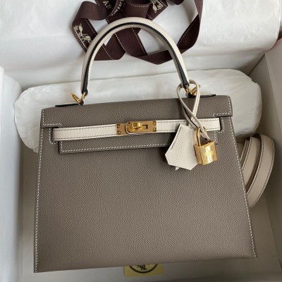 Hermes Kelly Sellier 25 Bicolor Bag in Taupe and Craie Epsom Calfskin TDBS27155