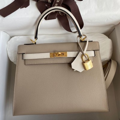 Hermes Kelly Sellier 25 Bicolor Bag in Trench and Craie Epsom Calfskin TDBS27156