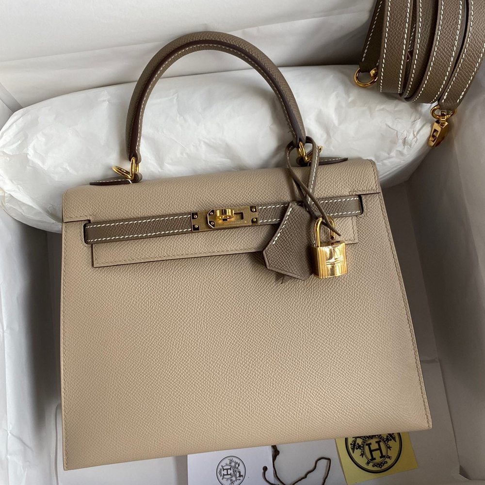 Hermes Kelly Sellier 25 Bicolor Bag in Trench and Taupe Epsom Calfskin TDBS27158