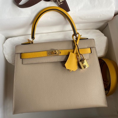 Hermes Kelly Sellier 25 Bicolor Bag in Trench and Yellow Epsom Calfskin TDBS27159