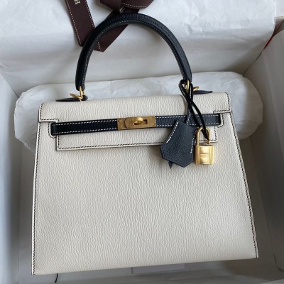 Hermes Kelly Sellier 25 Bicolor Bag in White and Black Mysore Goatskin TDBS27160