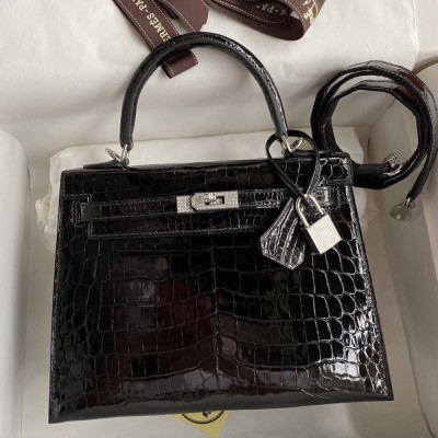 Hermes Kelly Sellier 25 Diamond Bag In Black Crocodile Niloticus Shiny Skin TDBS27161