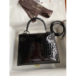 Hermes Kelly Sellier 25 Diamond Bag In Black Crocodile Niloticus Shiny Skin TDBS27161