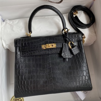 Hermes Kelly Sellier 25 Handmade Bag In Black Crocodile Niloticus Matte Skin TDBS27163