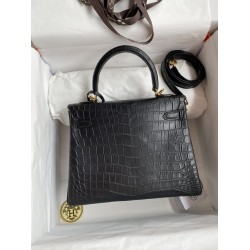 Hermes Kelly Sellier 25 Handmade Bag In Black Crocodile Niloticus Matte Skin TDBS27163