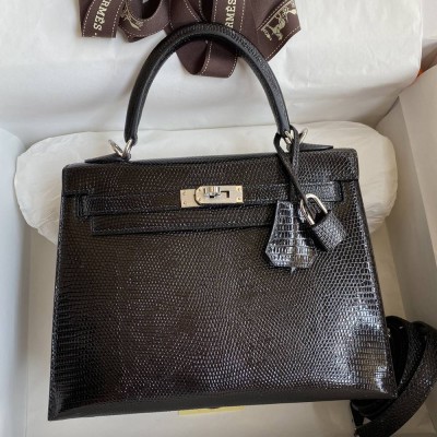 Hermes Kelly Sellier 25 Handmade Bag In Black Lizard Leather TDBS27164