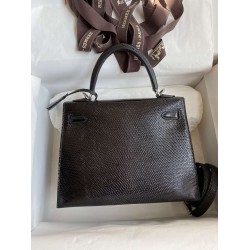 Hermes Kelly Sellier 25 Handmade Bag In Black Lizard Leather TDBS27164