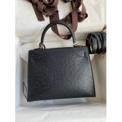 Hermes Kelly Sellier 25 Handmade Bag In Black Ostrich Leather TDBS27166