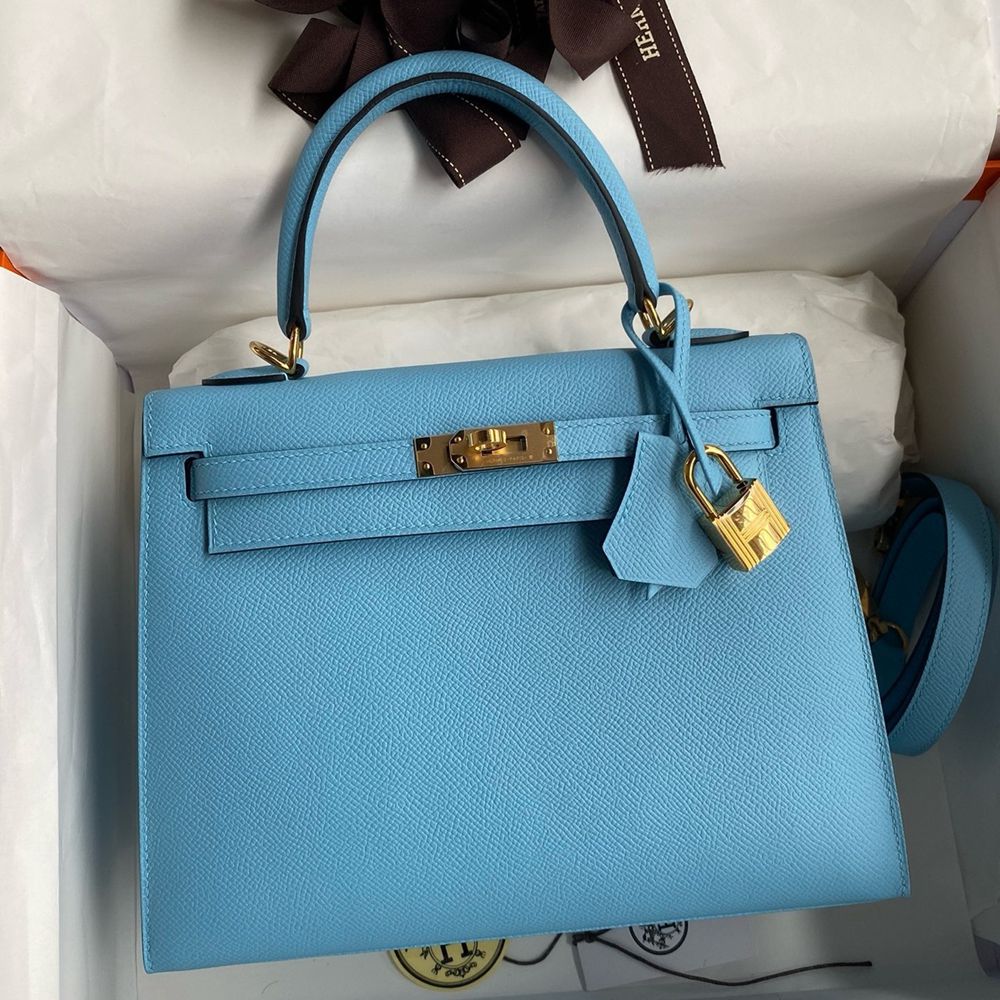 Hermes Kelly Sellier 25 Handmade Bag In Blue Candy Epsom Calfskin  TDBS26386