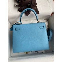 Hermes Kelly Sellier 25 Handmade Bag In Blue Candy Epsom Calfskin  TDBS26386