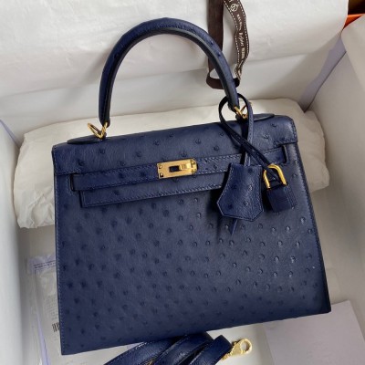 Hermes Kelly Sellier 25 Handmade Bag In Blue Iris Ostrich Leather TDBS27168