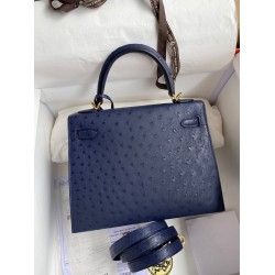 Hermes Kelly Sellier 25 Handmade Bag In Blue Iris Ostrich Leather TDBS27168