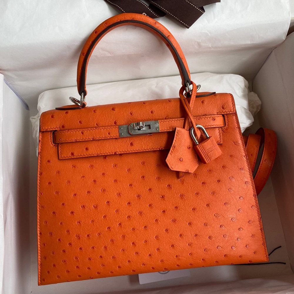 Hermes Kelly Sellier 25 Handmade Bag In Orange Ostrich Leather TDBS27173