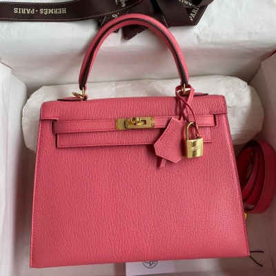 Hermes Kelly Sellier 25 Handmade Bag In Rose Lipstick Mysore Goatskin  TDBS27174