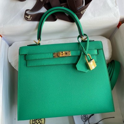 Hermes Kelly Sellier 25 Handmade Bag In Vert Jade Epsom Calfskin  TDBS27182