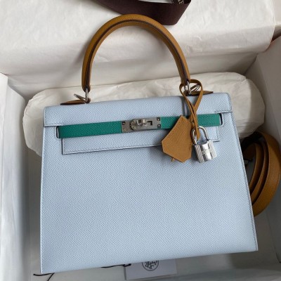 Hermes Kelly Sellier 25 Tricolor Bag in Blue/Green/SesameEpsom Calfskin TDBS27184