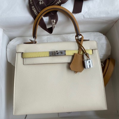 Hermes Kelly Sellier 25 Tricolor Bag in Craie/Sesame/Yellow Epsom Calfskin  TDBS27185