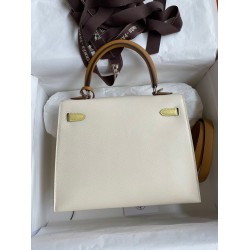 Hermes Kelly Sellier 25 Tricolor Bag in Craie/Sesame/Yellow Epsom Calfskin  TDBS27185