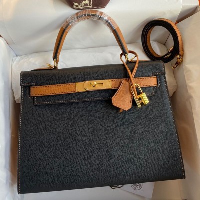 Hermes Kelly Sellier 28 Bicolor Bag in Black and Gold Epsom Calfskin TDBS27186