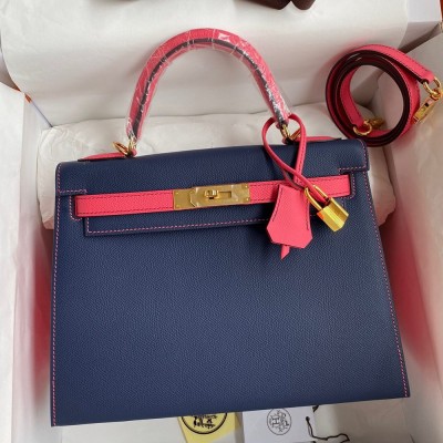 Hermes Kelly Sellier 28 Bicolor Bag in Blue Saphir and Rose Lipstick Epsom Calfskin TDBS27187