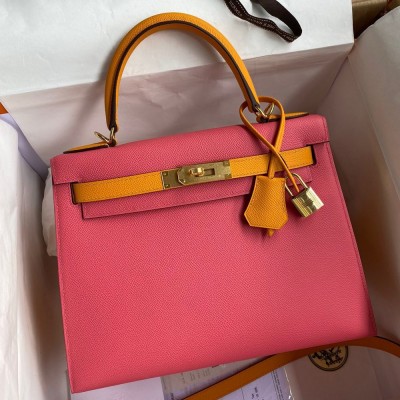 Hermes Kelly Sellier 28 Bicolor Bag in Rose Lipstick and Yellow Epsom Calfskin TDBS27188