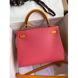 Hermes Kelly Sellier 28 Bicolor Bag in Rose Lipstick and Yellow Epsom Calfskin TDBS27188