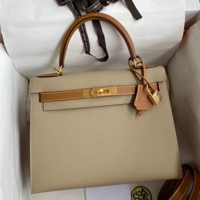 Hermes Kelly Sellier 28 Bicolor Bag in Trench and Gold Epsom Calfskin  TDBS27189