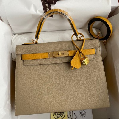 Hermes Kelly Sellier 28 Bicolor Bag in Trench and Yellow Epsom Calfskin TDBS27190