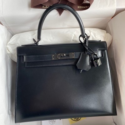 Hermes Kelly Sellier 28 Handmade Bag In Black Box Calfskin  TDBS27193