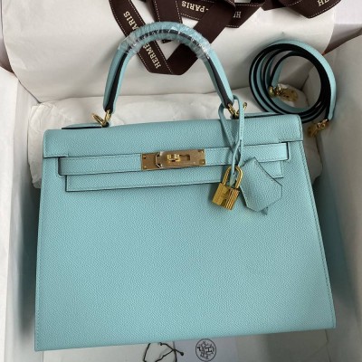 Hermes Kelly Sellier 28 Handmade Bag In Blue Atoll Epsom Calfskin TDBS27194